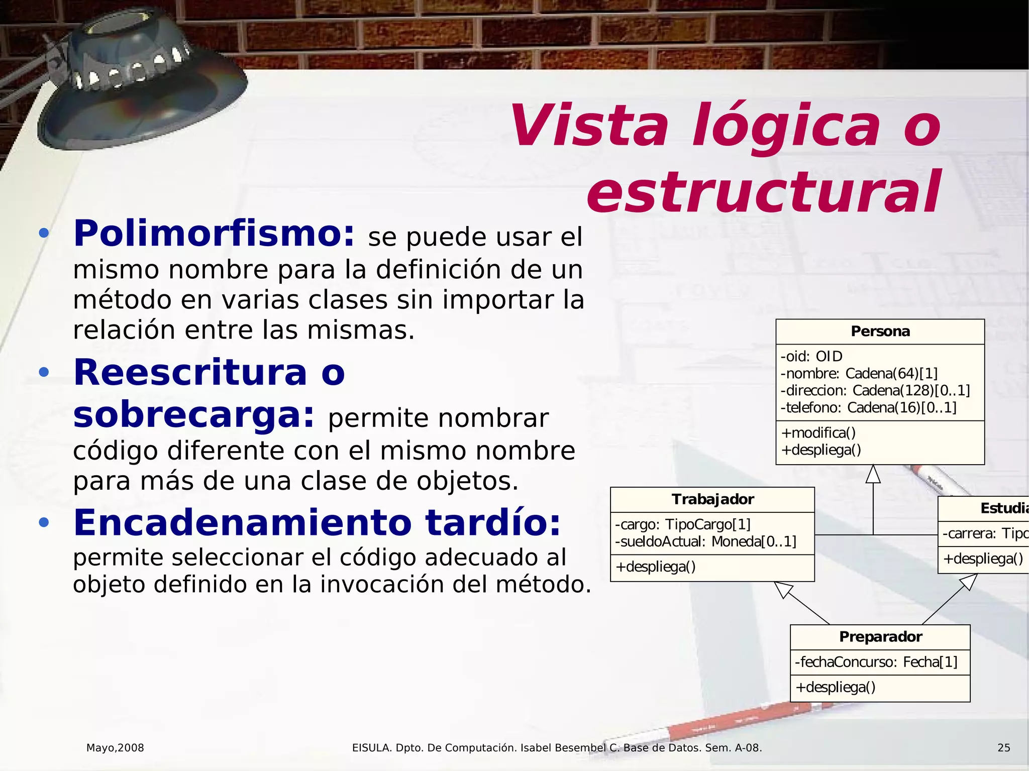 Mayo,2008 EISULA. Dpto. De Computación. Isabel Besembel C. Base de Datos. Sem. A-08. 25
Vista lógica o
estructural
• Polimorfismo: se puede usar el
mismo nombre para la definición de un
método en varias clases sin importar la
relación entre las mismas.
• Reescritura o
sobrecarga: permite nombrar
código diferente con el mismo nombre
para más de una clase de objetos.
• Encadenamiento tardío:
permite seleccionar el código adecuado al
objeto definido en la invocación del método.
Persona
-oid: OID
-nombre: Cadena(64)[1]
-direccion: Cadena(128)[0..1]
-telefono: Cadena(16)[0..1]
+modifica()
+despliega()
Trabajador
-cargo: TipoCargo[1]
-sueldoActual: Moneda[0..1]
+despliega()
Preparador
-fechaConcurso: Fecha[1]
+despliega()
Estudia
-carrera: Tipo
+despliega()
 