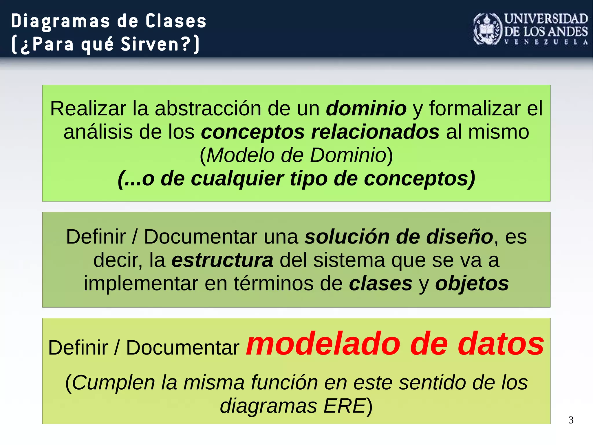3
Diagramas de Clases
(¿Para qué Sirven?)
Realizar la abstracción de un dominio y formalizar el
análisis de los conceptos relacionados al mismo
(Modelo de Dominio)
(...o de cualquier tipo de conceptos)
Definir / Documentar una solución de diseño, es
decir, la estructura del sistema que se va a
implementar en términos de clases y objetos
Definir / Documentar modelado de datos
(Cumplen la misma función en este sentido de los
diagramas ERE)
 