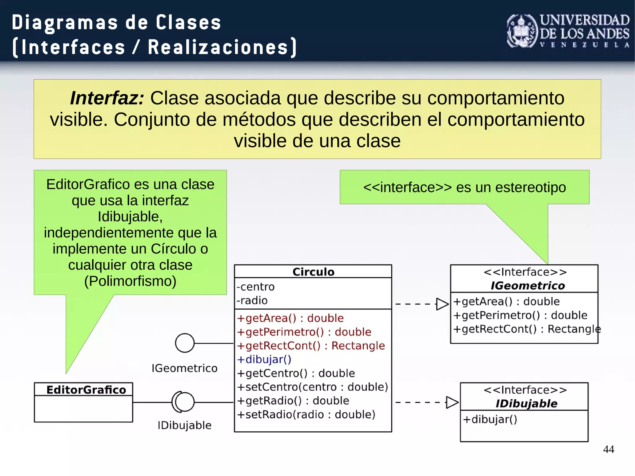 44
Diagramas de Clases
(Interfaces / Realizaciones)
Interfaz: Clase asociada que describe su comportamiento
visible. Conjunto de métodos que describen el comportamiento
visible de una clase
<<interface>> es un estereotipoEditorGrafico es una clase
que usa la interfaz
Idibujable,
independientemente que la
implemente un Círculo o
cualquier otra clase
(Polimorfismo)
 