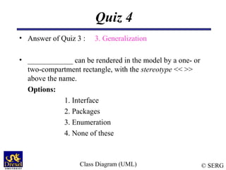 © SERG
Quiz 4
• Answer of Quiz 3 : 3. Generalization
• ____________ can be rendered in the model by a one- or
two-compartment rectangle, with the stereotype << >>
above the name.
Options:
1. Interface
2. Packages
3. Enumeration
4. None of these
Class Diagram (UML)
 