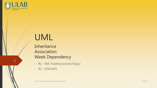 UML
Inheritance
Association
Week Dependency
- By – Md. Nadimozzaman Pappo
- ID - 132014031
6/6/2016Depertment of Computer Science & Engineering
1
 