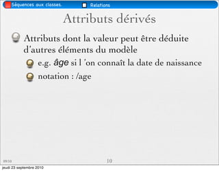 Séquences aux classes.        Relations


                              Attributs dérivés
            Attributs dont la valeur peut être déduite
            d’autres éléments du modèle
                   e.g. âge si l ’on connaît la date de naissance
                   notation : /age




09/10                                     10
jeudi 23 septembre 2010
 