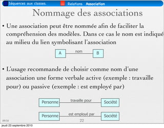 Séquences aux classes.              Relations Association

                      Nommage des associations
• Une association peut être nommée aﬁn de faciliter la
  compréhension des modèles. Dans ce cas le nom est indiqué
  au milieu du lien symbolisant l’association
                                             nom
                                     A                     B



• L’usage recommande de choisir comme nom d’une
  association une forme verbale active (exemple : travaille
  pour) ou passive (exemple : est employé par)

                                          travaille pour
                          Personne                             Société

                                         est employé par
                          Personne                             Société
09/10                                           22
jeudi 23 septembre 2010
 