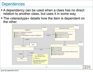Dependencies
 A dependency can be used when a class has no direct
  relation to another class, but uses it in some way.
 The «stereotype» details how the item is dependent on
  the other.




                             41


jeudi 23 septembre 2010
 