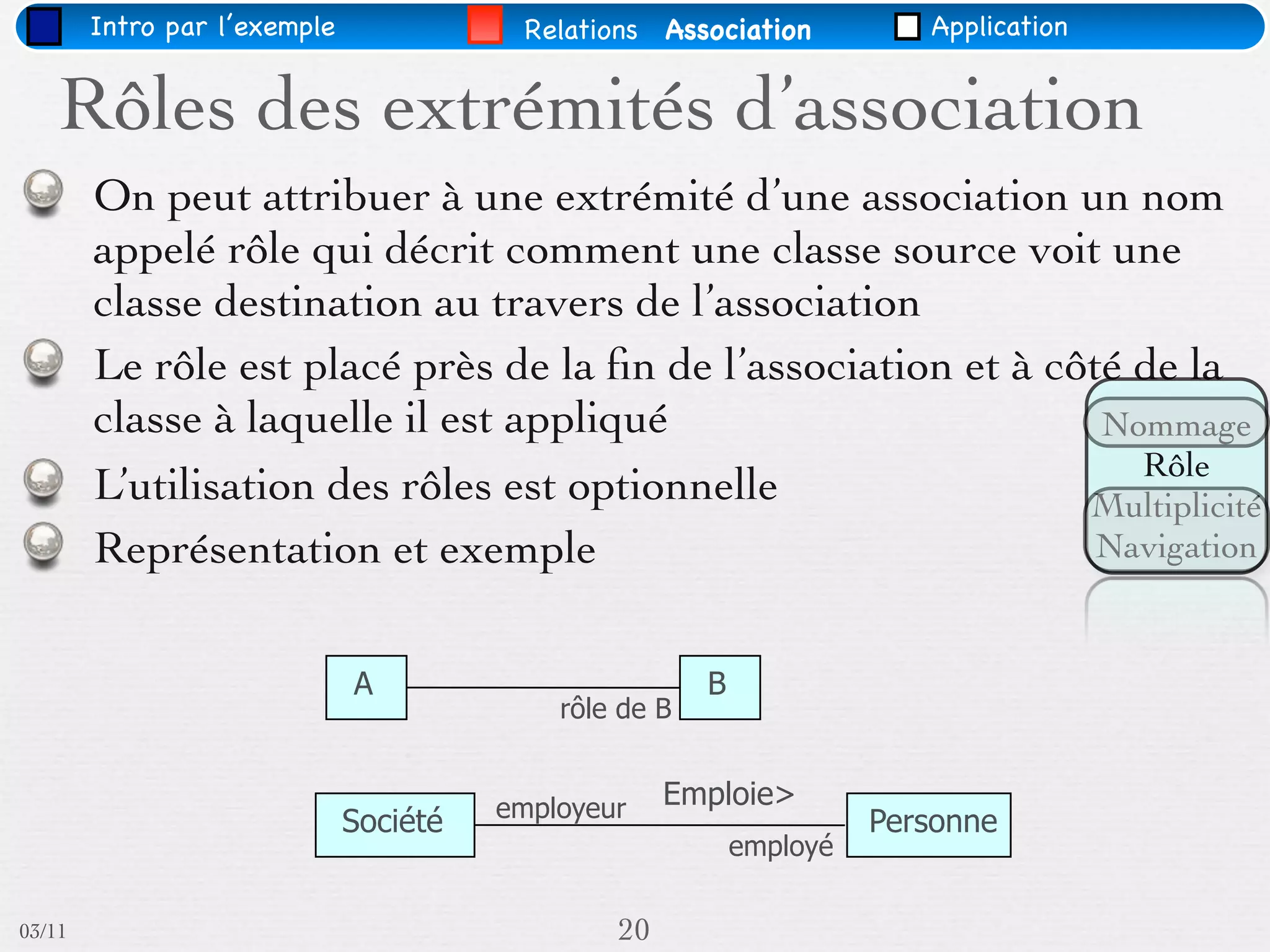 Intro par l’exemple              Relations Association           Application


    Rôles des extrémités d’association
        On peut attribuer à une extrémité d’une association un nom
        appelé rôle qui décrit comment une classe source voit une
        classe destination au travers de l’association
        Le rôle est placé près de la ﬁn de l’association et à côté de la
        classe à laquelle il est appliqué                        Nommage
                                                                   Rôle
        L’utilisation des rôles est optionnelle                 Multiplicité
        Représentation et exemple                                Navigation


                              A                         B
                                            rôle de B


                                        employeur    Emploie>
                              Société                                 Personne
                                                            employé

03/11                                           20
 