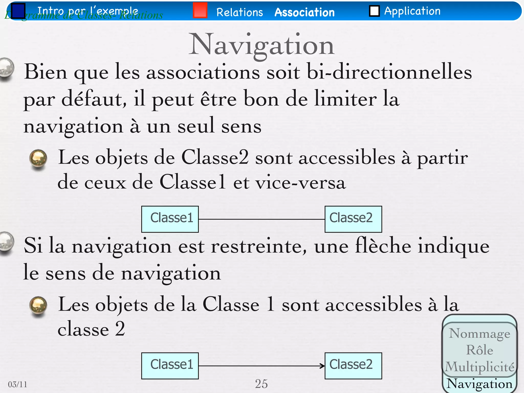 Intro par l’exemple
Diagramme de Classes- Relations       Relations Association         Application


                                  Navigation
   Bien que les associations soit bi-directionnelles
   par défaut, il peut être bon de limiter la
   navigation à un seul sens
          Les objets de Classe2 sont accessibles à partir
          de ceux de Classe1 et vice-versa
                            Classe1                       Classe2

   Si la navigation est restreinte, une ﬂèche indique
   le sens de navigation
          Les objets de la Classe 1 sont accessibles à la
          classe 2                                      Nommage
                                                                                    Rôle
                            Classe1                       Classe2                 Multiplicité
03/11                                       25                                    Navigation
 