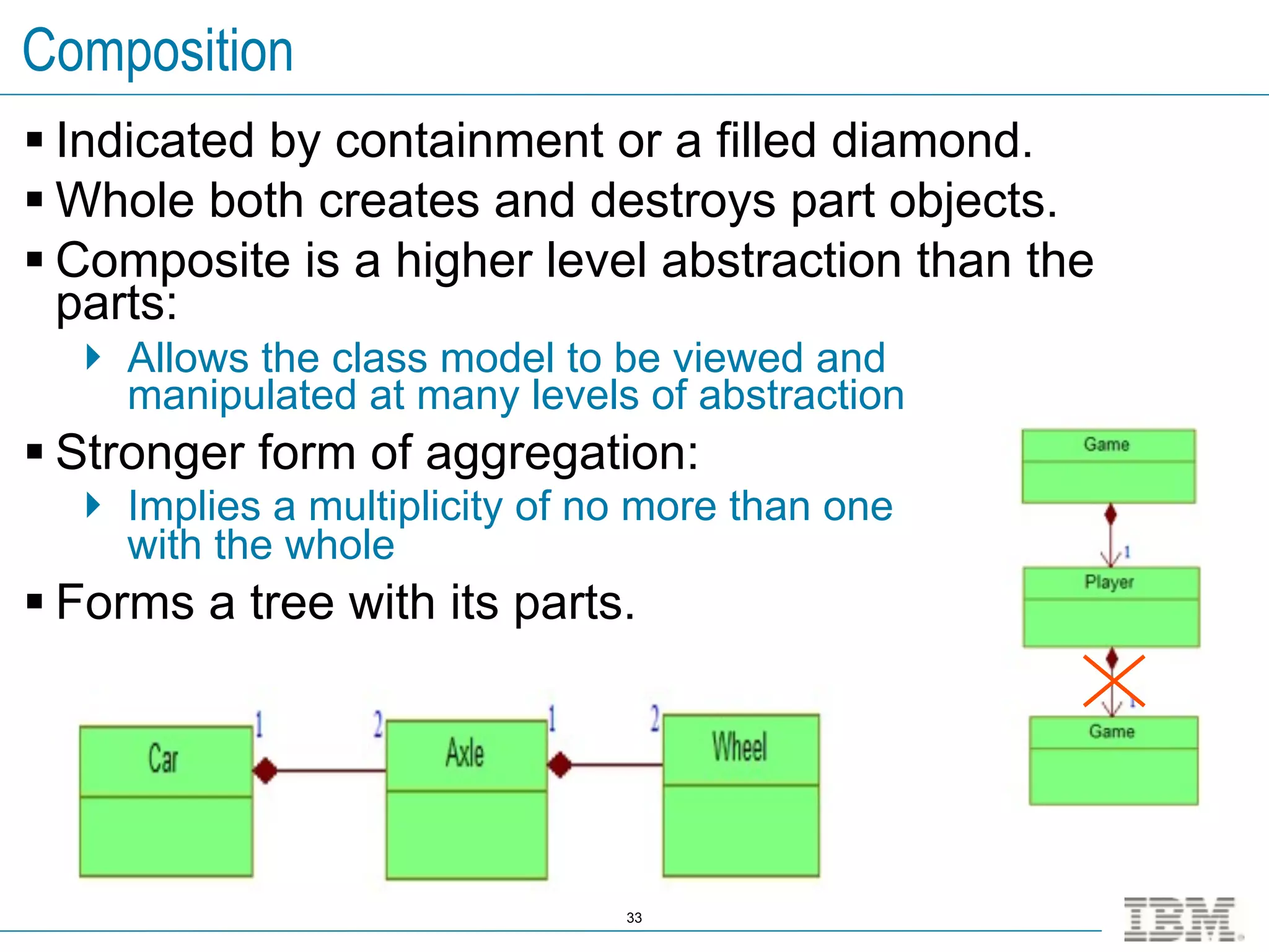 Composition
 Indicated by containment or a filled diamond.
 Whole both creates and destroys part objects.
 Composite is a higher level abstraction than the
  parts:
   Allows the class model to be viewed and
    manipulated at many levels of abstraction
 Stronger form of aggregation:
   Implies a multiplicity of no more than one
    with the whole
 Forms a tree with its parts.




                               33
 