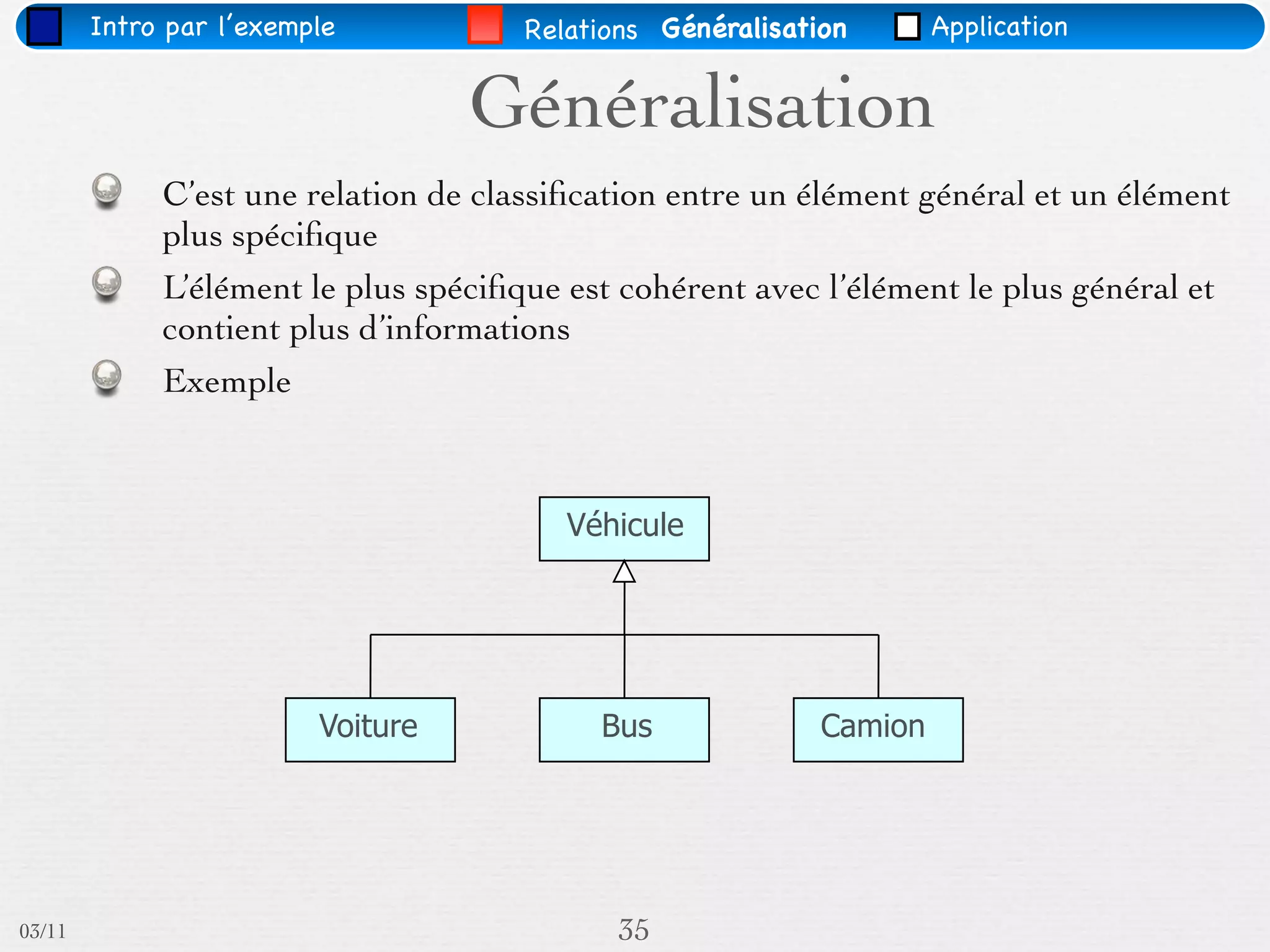 Intro par l’exemple           Relations Généralisation       Application


                                   Généralisation
             C’est une relation de classiﬁcation entre un élément général et un élément
             plus spéciﬁque
             L’élément le plus spéciﬁque est cohérent avec l’élément le plus général et
             contient plus d’informations
             Exemple



                                         Véhicule




                         Voiture           Bus              Camion




03/11                                       35
 