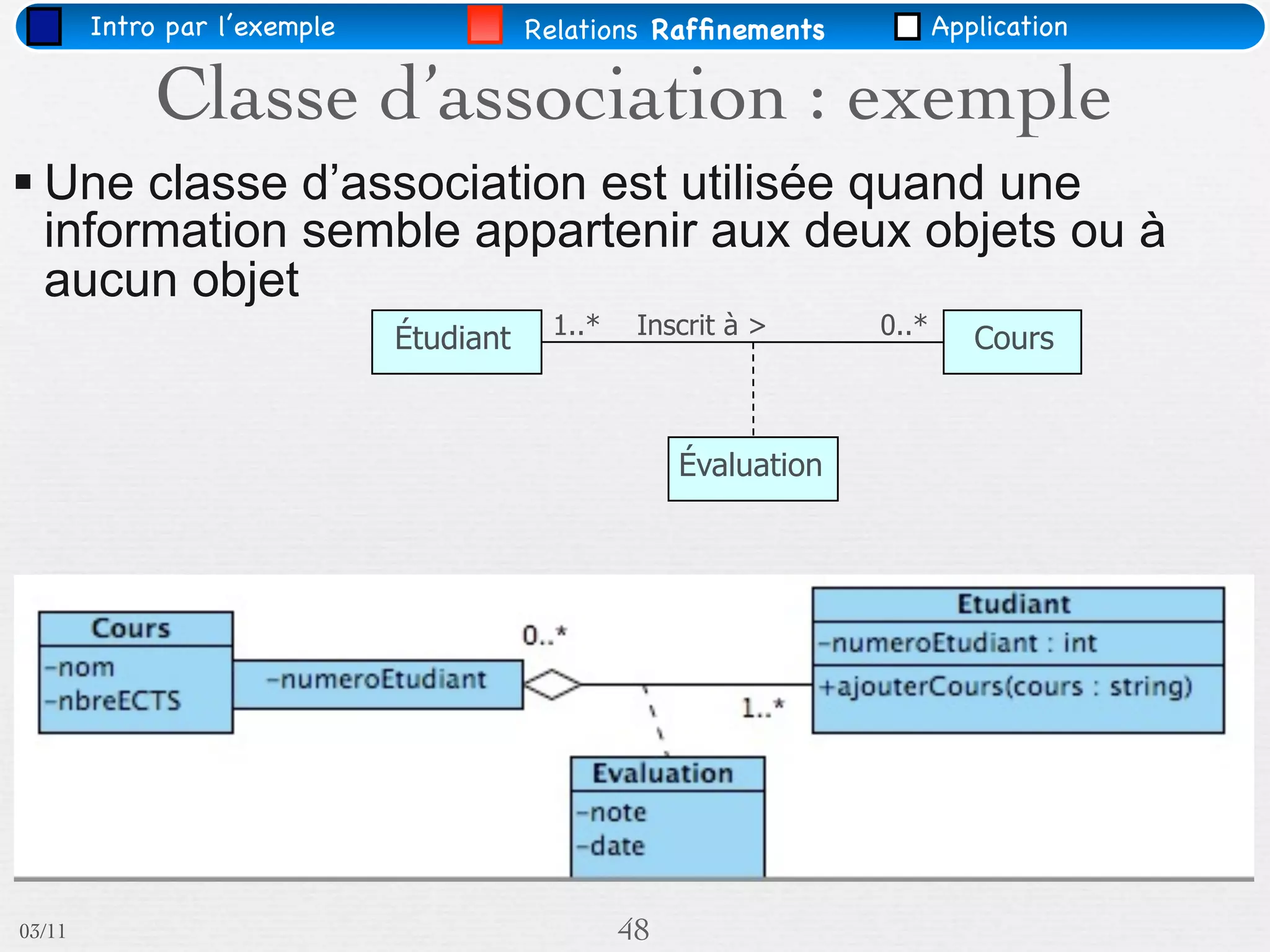 Intro par l’exemple              Relations Rafﬁnements            Application

             Classe d’association : exemple
 Une classe d’association est utilisée quand une
  information semble appartenir aux deux objets ou à
  aucun objet
                                          1..*    Inscrit à >      0..*
                              Étudiant                                       Cours



                                                      Évaluation




03/11                                            48
 