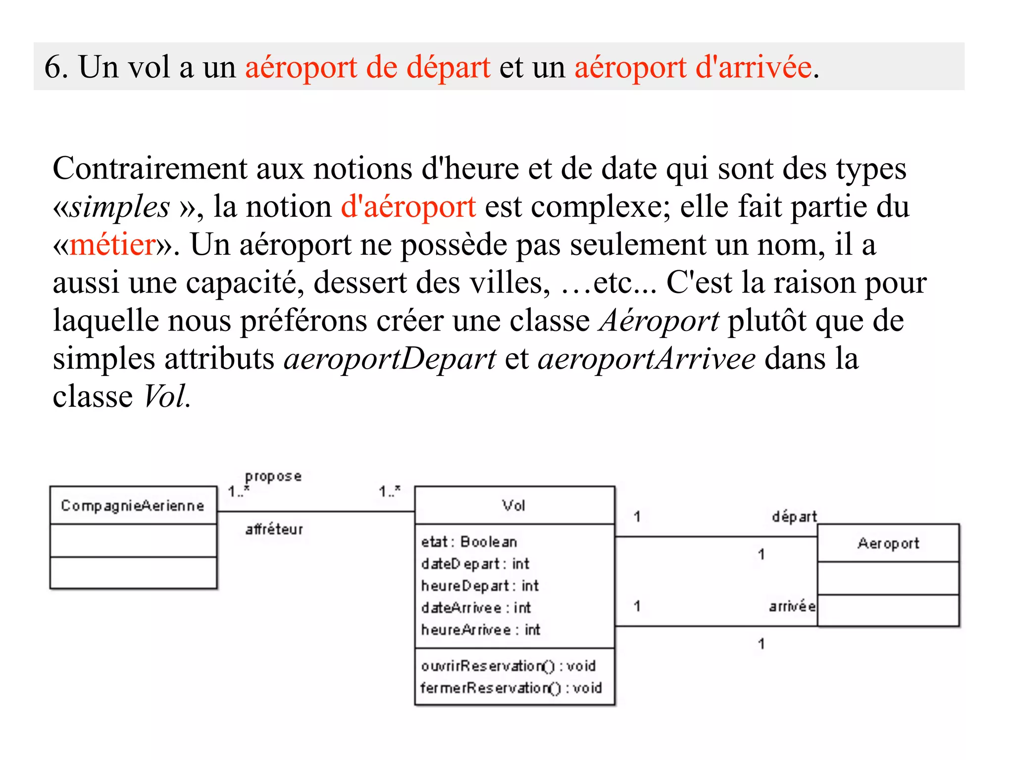 6. Un vol a un aéroport de départ et un aéroport d'arrivée.


Contrairement aux notions d'heure et de date qui sont des types
«simples », la notion d'aéroport est complexe; elle fait partie du
«métier». Un aéroport ne possède pas seulement un nom, il a
aussi une capacité, dessert des villes, …etc... C'est la raison pour
laquelle nous préférons créer une classe Aéroport plutôt que de
simples attributs aeroportDepart et aeroportArrivee dans la
classe Vol.
 