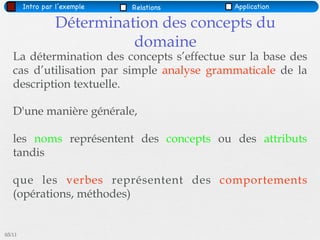 Intro par l’exemple   Relations      Application

                 Détermination des concepts du
                           domaine
   La détermination des concepts s’effectue sur la base des
   cas d’utilisation par simple analyse grammaticale de la
   description textuelle.

   D'une manière générale,

   les noms représentent des concepts ou des attributs
   tandis

   que les verbes représentent des comportements
   (opérations, méthodes)


03/11
 