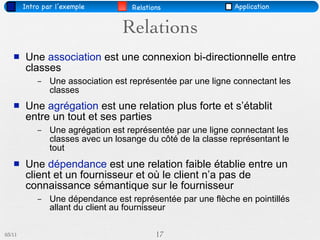 Intro par l’exemple         Relations                 Application


                                  Relations
       Une association est une connexion bi-directionnelle entre
        classes
            –   Une association est représentée par une ligne connectant les
                classes
       Une agrégation est une relation plus forte et s’établit
        entre un tout et ses parties
            –   Une agrégation est représentée par une ligne connectant les
                classes avec un losange du côté de la classe représentant le
                tout
       Une dépendance est une relation faible établie entre un
        client et un fournisseur et où le client n’a pas de
        connaissance sémantique sur le fournisseur
            –   Une dépendance est représentée par une flèche en pointillés
                allant du client au fournisseur

03/11                                      17
 