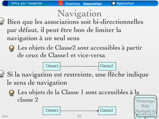 Intro par l’exemple
Diagramme de Classes- Relations       Relations Association         Application


                                  Navigation
   Bien que les associations soit bi-directionnelles
   par défaut, il peut être bon de limiter la
   navigation à un seul sens
          Les objets de Classe2 sont accessibles à partir
          de ceux de Classe1 et vice-versa
                            Classe1                       Classe2

   Si la navigation est restreinte, une ﬂèche indique
   le sens de navigation
          Les objets de la Classe 1 sont accessibles à la
          classe 2                                      Nommage
                                                                                    Rôle
                            Classe1                       Classe2                 Multiplicité
03/11                                       25                                    Navigation
 