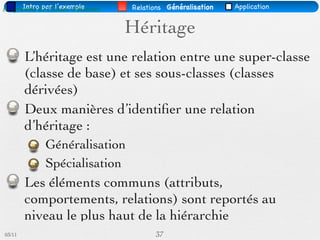 Intro par l’exemple
Diagramme de Classes- Relations   Relations Généralisation   Application


                                  Héritage
        L’héritage est une relation entre une super-classe
        (classe de base) et ses sous-classes (classes
        dérivées)
        Deux manières d’identiﬁer une relation
        d’héritage :
             Généralisation
             Spécialisation
        Les éléments communs (attributs,
        comportements, relations) sont reportés au
        niveau le plus haut de la hiérarchie
03/11                                   37
 