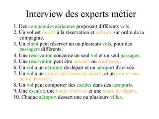Interview des experts métier
1. Des compagnies aériennes proposent différents vols.
2. Un vol est ouvert à la réservation et refermé sur ordre de la
   compagnie.
3. Un client peut réserver un ou plusieurs vols, pour des
   passagers différents.
4. Une réservation concerne un seul vol et un seul passager.
5. Une réservation peut être annulée ou confirmée.
6. Un vol a un aéroport de départ et un aéroport d'arrivée.
7. Un vol a un jour et une heure de départ, et un jour et une
   heure d'arrivée.
8. Un vol peut comporter des escales dans des aéroports.
9. Une escale a une heure d'arrivée et une heure de départ.
10. Chaque aéroport dessert une ou plusieurs villes.
 