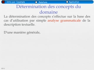 Intro par l’exemple   Relations      Application

                 Détermination des concepts du
                           domaine
   La détermination des concepts s’effectue sur la base des
   cas d’utilisation par simple analyse grammaticale de la
   description textuelle.

   D'une manière générale,




03/11
 