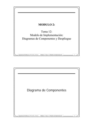 MODULO 2:

                      Tema 12:
              Modelo de Implementación:
        Diagramas de Componentes y Despliegue




Ingeniería del Software (3º I.T.I.S., I.T.I.G.)    Módulo 2. Tema 12: Modelo de Implementación   1




                   Diagrama de Componentes




Ingeniería del Software (3º I.T.I.S., I.T.I.G.)    Módulo 2. Tema 12: Modelo de Implementación   2
 