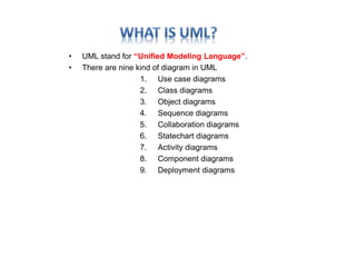 • UML stand for “Unified Modeling Language”. 
• There are nine kind of diagram in UML 
1. Use case diagrams 
2. Class diagrams 
3. Object diagrams 
4. Sequence diagrams 
5. Collaboration diagrams 
6. Statechart diagrams 
7. Activity diagrams 
8. Component diagrams 
9. Deployment diagrams 
 