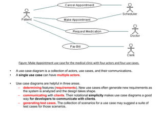 Figure: Make Appointment use case for the medical clinic with four actors and four use cases. 
• A use case diagram is a collection of actors, use cases, and their communications. 
• A single use case can have multiple actors. 
• Use case diagrams are helpful in three areas. 
– determining features (requirements). New use cases often generate new requirements as 
the system is analyzed and the design takes shape. 
– communicating with clients. Their notational simplicity makes use case diagrams a good 
way for developers to communicate with clients. 
– generating test cases. The collection of scenarios for a use case may suggest a suite of 
test cases for those scenarios. 
 
