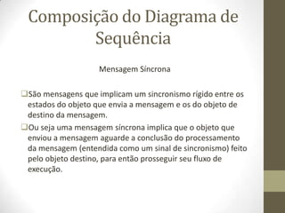 Composição do Diagrama de
Sequência
Mensagem Síncrona
São mensagens que implicam um sincronismo rígido entre os
estados do objeto que envia a mensagem e os do objeto de
destino da mensagem.
Ou seja uma mensagem síncrona implica que o objeto que
enviou a mensagem aguarde a conclusão do processamento
da mensagem (entendida como um sinal de sincronismo) feito
pelo objeto destino, para então prosseguir seu fluxo de
execução.
 