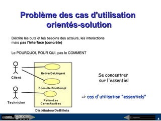 megaplanet
4
Problème des cas d'utilisationProblème des cas d'utilisation
orientés-solutionorientés-solution
DistributeurDeBillets
Client
RetirerDeLArgent
ConsulterSonCompt
e
Technicien
RetirerLes
CartesAvalé es
Décrire les buts et les besoins des acteurs, les interactionsDécrire les buts et les besoins des acteurs, les interactions
maismais pas l'interface (concrète)pas l'interface (concrète)
Le POURQUOI, POUR QUI, pas le COMMENTLe POURQUOI, POUR QUI, pas le COMMENT
Se concentrerSe concentrer
sur l'essentielsur l'essentiel
=>=> cas d'utilisation "essentiels"cas d'utilisation "essentiels"
 