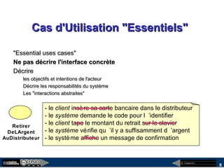 megaplanet
5
Cas d'Utilisation "Essentiels"Cas d'Utilisation "Essentiels"
"Essential uses cases""Essential uses cases"
Ne pas décrire l'interfaceNe pas décrire l'interface concrèteconcrète
DécrireDécrire
les objectifs et intentions de l'acteurles objectifs et intentions de l'acteur
Décrire les responsabilités du systèmeDécrire les responsabilités du système
Les "interactions abstraites"Les "interactions abstraites"
Retirer
DeLArgent
AuDistributeur
- le client insère sa carte bancaire dans le distributeur
- le système demande le code pour l ’identifier
- le client tape le montant du retrait sur le clavier
- le système vérifie qu ’il y a suffisamment d ’argent
- le système affiche un message de confirmation
 