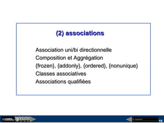megaplanet
10
(2) associations(2) associations
Association uni/bi directionnelleAssociation uni/bi directionnelle
Composition et AggrégationComposition et Aggrégation
{frozen}, {addonly}, {ordered}, {nonunique}{frozen}, {addonly}, {ordered}, {nonunique}
Classes associativesClasses associatives
Associations qualifiéesAssociations qualifiées
 