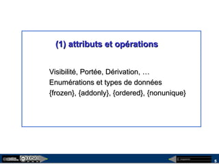 megaplanet
5
(1) attributs et opérations(1) attributs et opérations
Visibilité, Portée, Dérivation, …Visibilité, Portée, Dérivation, …
Enumérations et types de donnéesEnumérations et types de données
{frozen}, {addonly}, {ordered}, {nonunique}{frozen}, {addonly}, {ordered}, {nonunique}
 