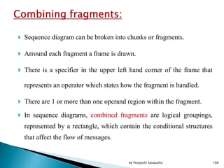  Sequence diagram can be broken into chunks or fragments.
 Arround each fragment a frame is drawn.
 There is a specifier in the upper left hand corner of the frame that
represents an operator which states how the fragment is handled.
 There are 1 or more than one operand region within the fragment.
 In sequence diagrams, combined fragments are logical groupings,
represented by a rectangle, which contain the conditional structures
that affect the flow of messages.
108by Pratyashi Satapathy
 