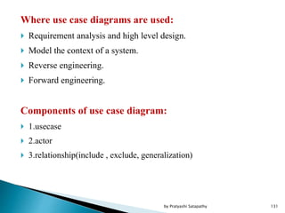Where use case diagrams are used:
 Requirement analysis and high level design.
 Model the context of a system.
 Reverse engineering.
 Forward engineering.
Components of use case diagram:
 1.usecase
 2.actor
 3.relationship(include , exclude, generalization)
131by Pratyashi Satapathy
 