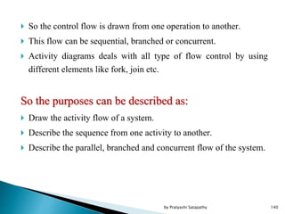  So the control flow is drawn from one operation to another.
 This flow can be sequential, branched or concurrent.
 Activity diagrams deals with all type of flow control by using
different elements like fork, join etc.
So the purposes can be described as:
 Draw the activity flow of a system.
 Describe the sequence from one activity to another.
 Describe the parallel, branched and concurrent flow of the system.
140by Pratyashi Satapathy
 