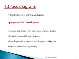  It is also known as a structural diagram.
. purpose of the class diagram:
Analysis and design of the static view of an application.
Describe responsibilities of a system.
Base diagram for component and deployment diagrams.
Forward and reverse engineering.
14by Pratyashi Satapathy
 