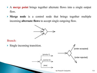  A merge point brings together alternate flows into a single output
flow.
 Merge node is a control node that brings together multiple
incoming alternate flows to accept single outgoing flow.
Branch:
 Single incoming transition.
153by Pratyashi Satapathy
 
