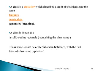 A class is a classifier which describes a set of objects that share the
same
features,
constraints,
semantics (meaning).
A class is shown as :
a solid-outline rectangle ( containing the class name )
Class name should be centered and in bold face, with the first
letter of class name capitalized.
19by Pratyashi Satapathy
 