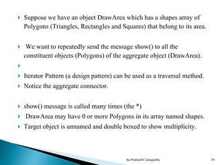  Suppose we have an object DrawArea which has a shapes array of
Polygons (Triangles, Rectangles and Squares) that belong to its area.
 We want to repeatedly send the message show() to all the
constituent objects (Polygons) of the aggregate object (DrawArea).

 Iterator Pattern (a design pattern) can be used as a traversal method.
 Notice the aggregate connector.
 show() message is called many times (the *)
 DrawArea may have 0 or more Polygons in its array named shapes.
 Target object is unnamed and double boxed to show multiplicity.
74by Pratyashi Satapathy
 