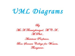 UML Diagrams
By
Ms.A.Thamizhiniyal, M.C.A.,
M.Phil.,
Assistant Professor,
Bon Secours College for Women,
Thanjavur.
 
