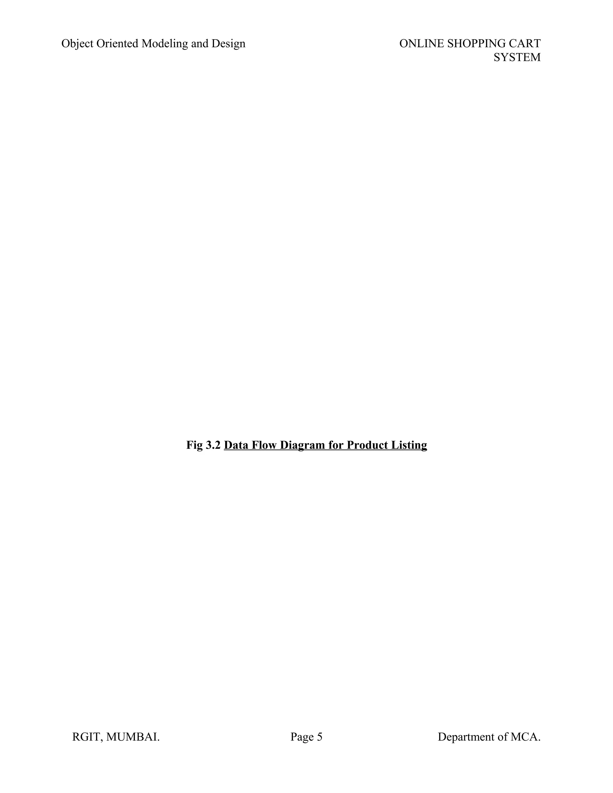 Object Oriented Modeling and Design ONLINE SHOPPING CART
SYSTEM
Fig 3.2 Data Flow Diagram for Product Listing
RGIT, MUMBAI. Page 5 Department of MCA.
 