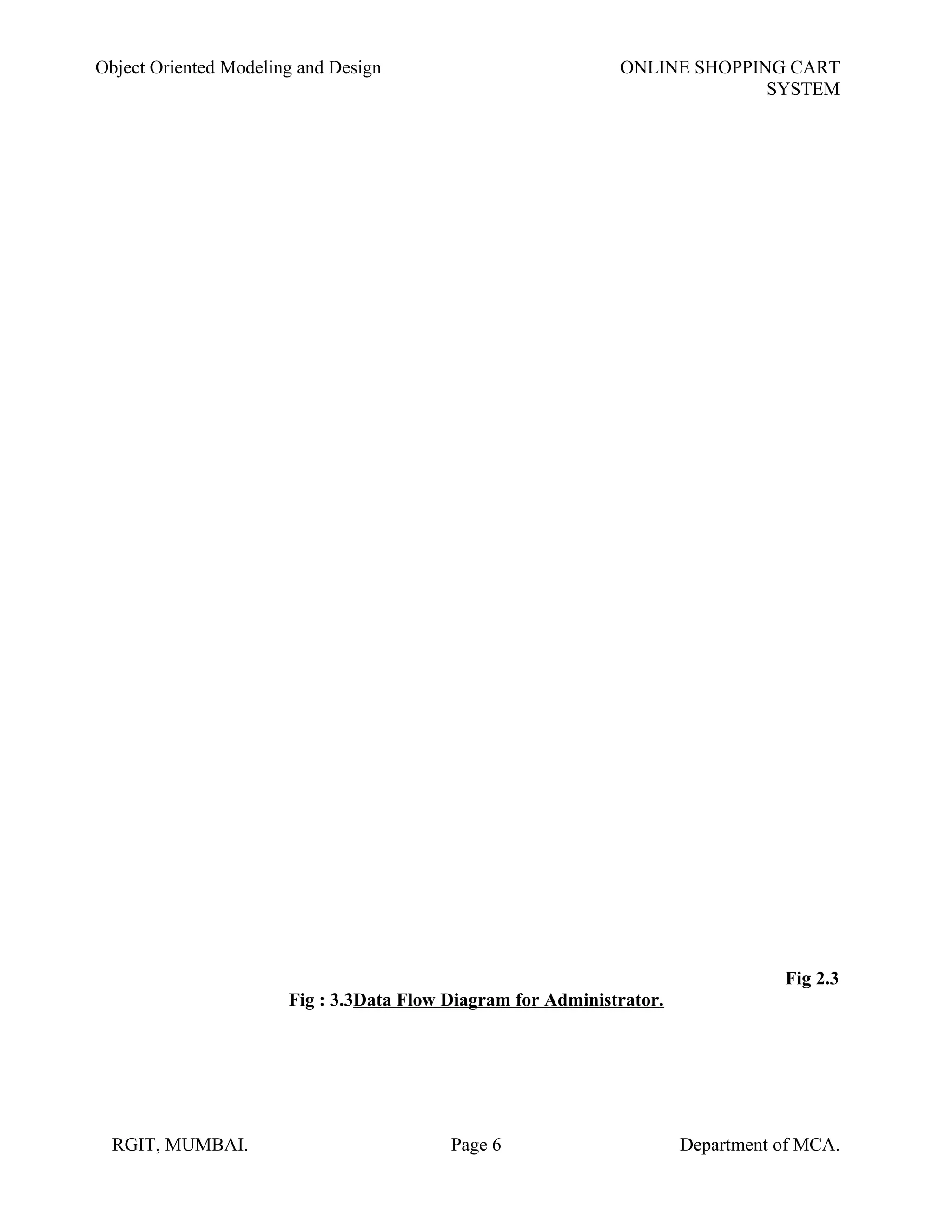 Object Oriented Modeling and Design ONLINE SHOPPING CART
SYSTEM
Fig 2.3
Fig : 3.3Data Flow Diagram for Administrator.
RGIT, MUMBAI. Page 6 Department of MCA.
 