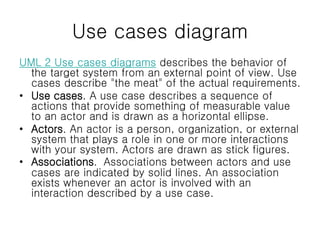Use cases diagram
UML 2 Use cases diagrams describes the behavior of
the target system from an external point of view. Use
cases describe "the meat" of the actual requirements.
• Use cases. A use case describes a sequence of
actions that provide something of measurable value
to an actor and is drawn as a horizontal ellipse.
• Actors. An actor is a person, organization, or external
system that plays a role in one or more interactions
with your system. Actors are drawn as stick figures.
• Associations. Associations between actors and use
cases are indicated by solid lines. An association
exists whenever an actor is involved with an
interaction described by a use case.
 