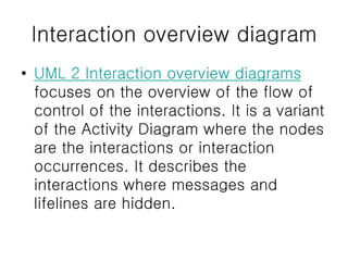Interaction overview diagram
• UML 2 Interaction overview diagrams
focuses on the overview of the flow of
control of the interactions. It is a variant
of the Activity Diagram where the nodes
are the interactions or interaction
occurrences. It describes the
interactions where messages and
lifelines are hidden.
 