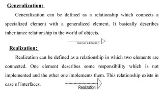 Generalization:
Generalization can be defined as a relationship which connects a
specialized element with a generalized element. It basically describes
inheritance relationship in the world of objects.
Realization:
Realization can be defined as a relationship in which two elements are
connected. One element describes some responsibility which is not
implemented and the other one implements them. This relationship exists in
case of interfaces.
 