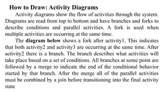 How to Draw: Activity Diagrams
Activity diagrams show the flow of activities through the system.
Diagrams are read from top to bottom and have branches and forks to
describe conditions and parallel activities. A fork is used when
multiple activities are occurring at the same time.
The diagram below shows a fork after activity1. This indicates
that both activity2 and activity3 are occurring at the same time. After
activity2 there is a branch. The branch describes what activities will
take place based on a set of conditions. All branches at some point are
followed by a merge to indicate the end of the conditional behavior
started by that branch. After the merge all of the parallel activities
must be combined by a join before transitioning into the final activity
state
 