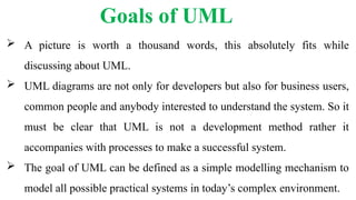 Goals of UML
 A picture is worth a thousand words, this absolutely fits while
discussing about UML.
 UML diagrams are not only for developers but also for business users,
common people and anybody interested to understand the system. So it
must be clear that UML is not a development method rather it
accompanies with processes to make a successful system.
 The goal of UML can be defined as a simple modelling mechanism to
model all possible practical systems in today’s complex environment.
 