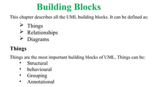 Building Blocks
This chapter describes all the UML building blocks. It can be defined as:
 Things
 Relationships
 Diagrams
Things
Things are the most important building blocks of UML. Things can be:
• Structural
• behavioural
• Grouping
• Annotational
 