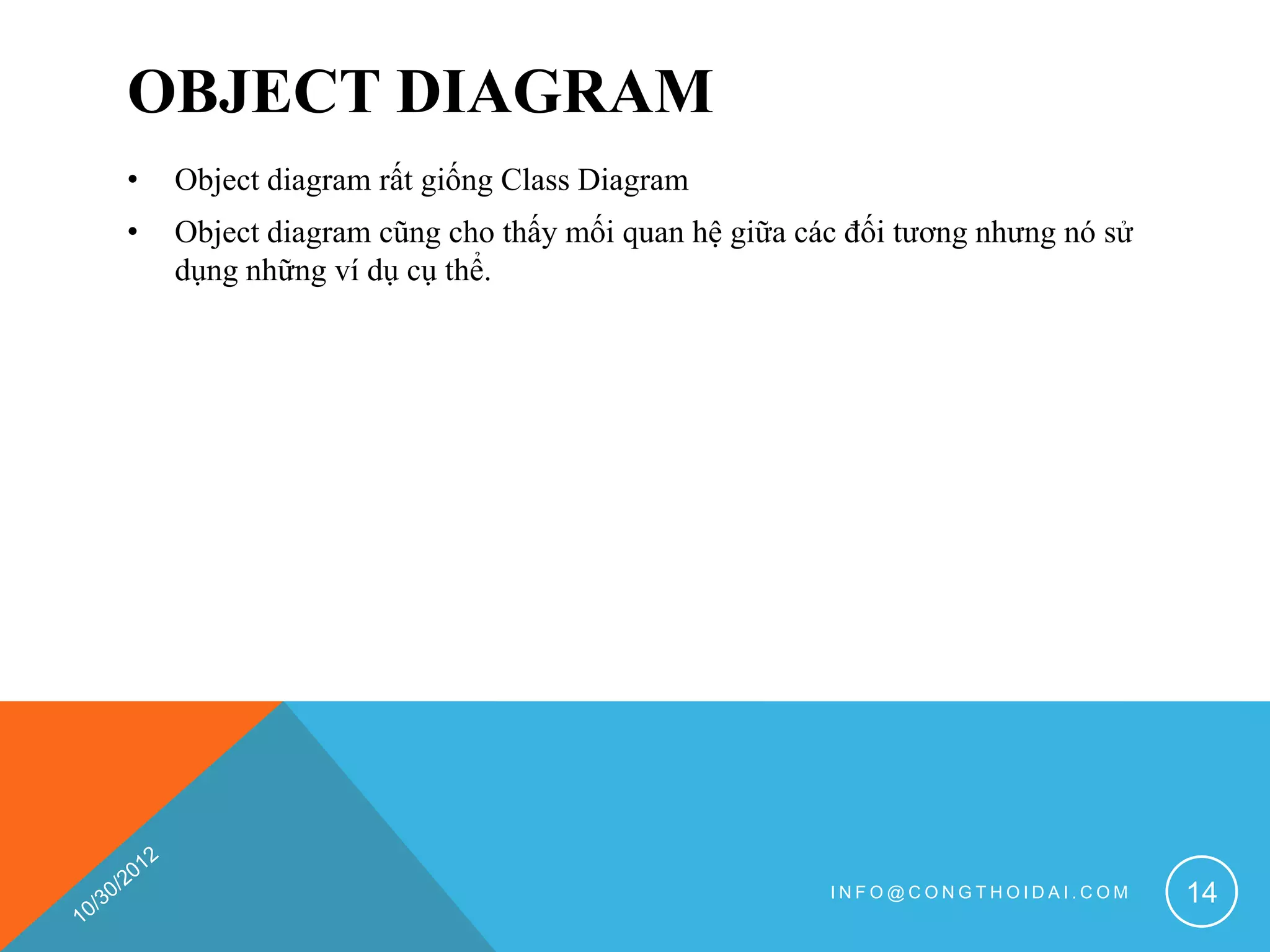 OBJECT DIAGRAM
•   Object diagram rất giống Class Diagram
•   Object diagram cũng cho thấy mối quan hệ giữa các đối tương nhưng nó sử
    dụng những ví dụ cụ thể.




                                                    INFO@CONGTHOIDAI.COM      14
 