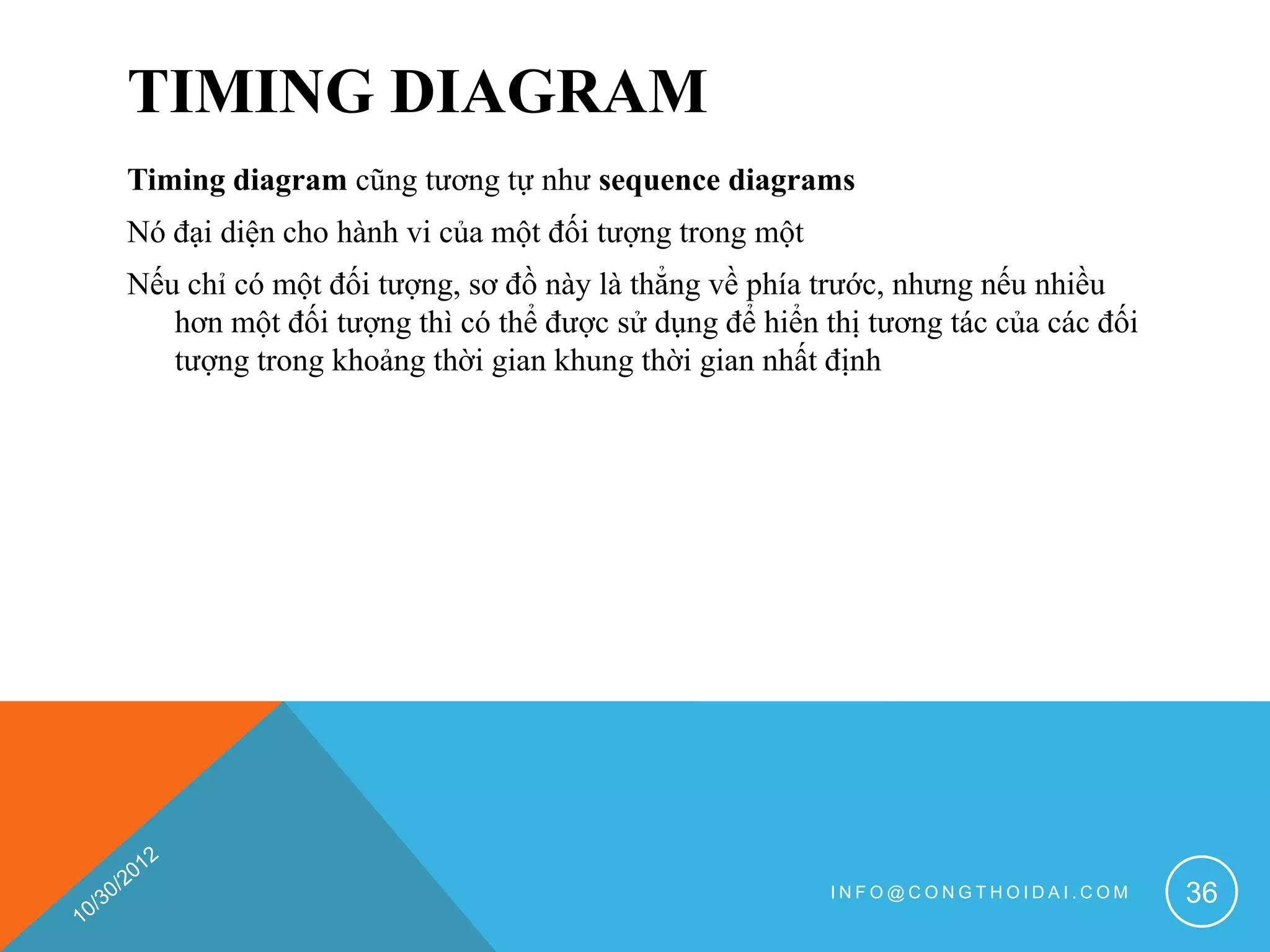 TIMING DIAGRAM
Timing diagram cũng tương tự như sequence diagrams
Nó đại diện cho hành vi của một đối tượng trong một
Nếu chỉ có một đối tượng, sơ đồ này là thẳng về phía trước, nhưng nếu nhiều
   hơn một đối tượng thì có thể được sử dụng để hiển thị tương tác của các đối
   tượng trong khoảng thời gian khung thời gian nhất định




                                                      INFO@CONGTHOIDAI.COM       36
 