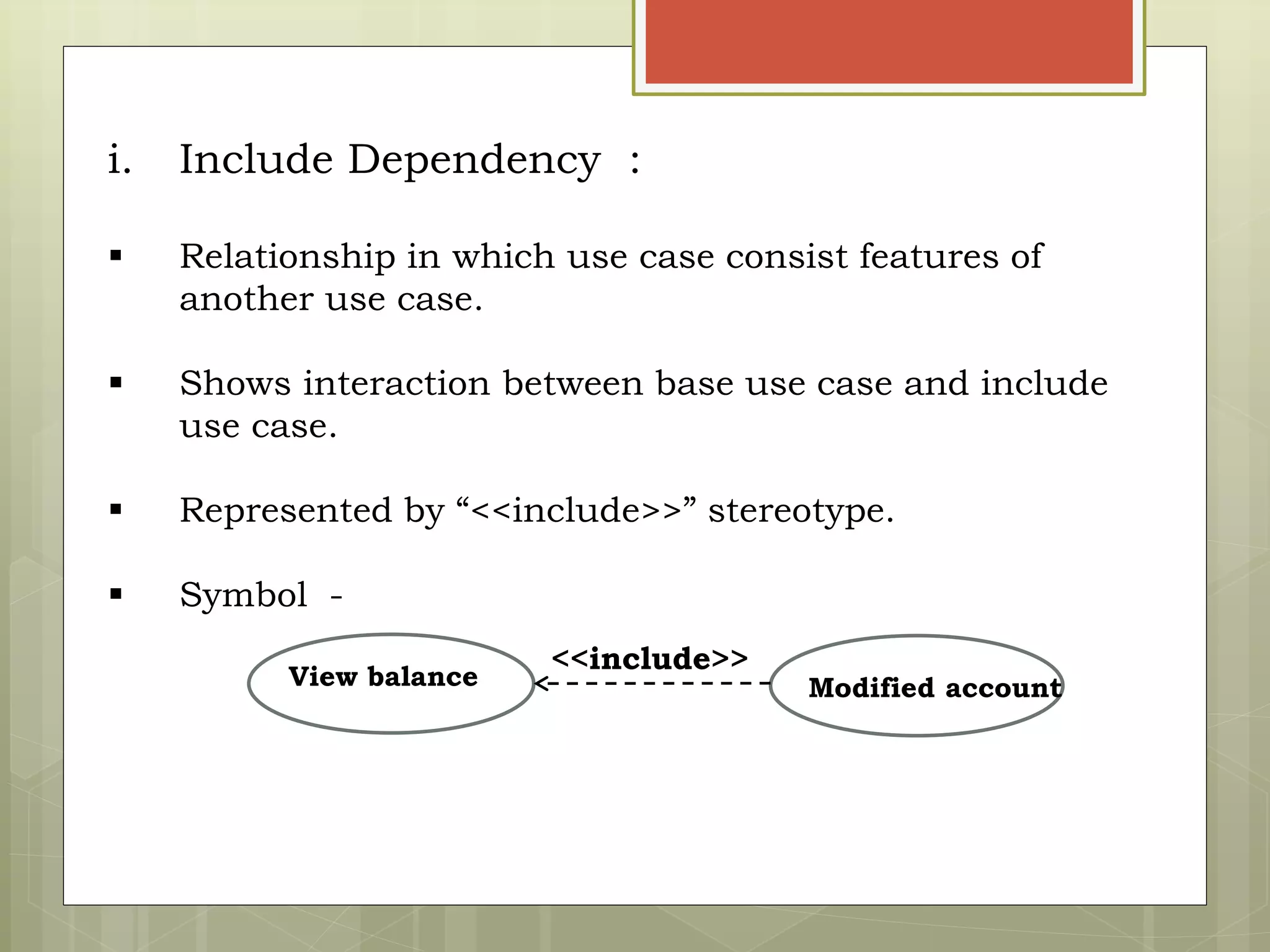 i. Include Dependency :
 Relationship in which use case consist features of
another use case.
 Shows interaction between base use case and include
use case.
 Represented by “<<include>>” stereotype.
 Symbol -
View balance Modified account
<<include>>
 