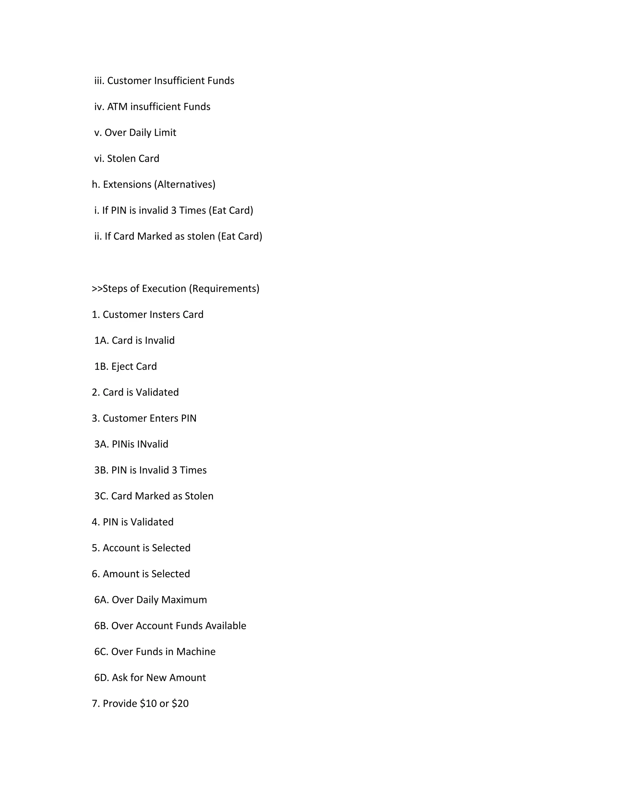 iii. Customer Insufficient Funds
iv. ATM insufficient Funds
v. Over Daily Limit
vi. Stolen Card
h. Extensions (Alternatives)
i. If PIN is invalid 3 Times (Eat Card)
ii. If Card Marked as stolen (Eat Card)
>>Steps of Execution (Requirements)
1. Customer Insters Card
1A. Card is Invalid
1B. Eject Card
2. Card is Validated
3. Customer Enters PIN
3A. PINis INvalid
3B. PIN is Invalid 3 Times
3C. Card Marked as Stolen
4. PIN is Validated
5. Account is Selected
6. Amount is Selected
6A. Over Daily Maximum
6B. Over Account Funds Available
6C. Over Funds in Machine
6D. Ask for New Amount
7. Provide $10 or $20
 