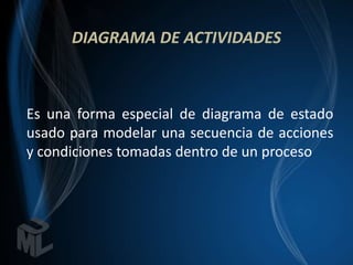 DIAGRAMA DE ACTIVIDADES



Es una forma especial de diagrama de estado
usado para modelar una secuencia de acciones
y condiciones tomadas dentro de un proceso
 