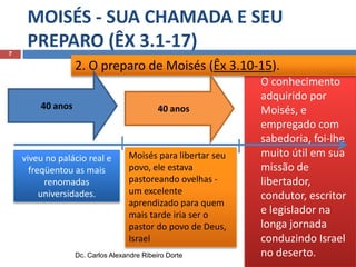 7

MOISÉS - SUA CHAMADA E SEU
PREPARO (ÊX 3.1-17)
2. O preparo de Moisés (Êx 3.10-15).


40 anos

40 anos

viveu no palácio real e
freqüentou as mais
renomadas
universidades.

Moisés para libertar seu
povo, ele estava
pastoreando ovelhas um excelente
aprendizado para quem
mais tarde iria ser o
pastor do povo de Deus,
Israel

Dc. Carlos Alexandre Ribeiro Dorte

O conhecimento
adquirido por
Moisés, e
empregado com
sabedoria, foi-lhe
muito útil em sua
missão de
libertador,
condutor, escritor
e legislador na
longa jornada
conduzindo Israel
no deserto.

 